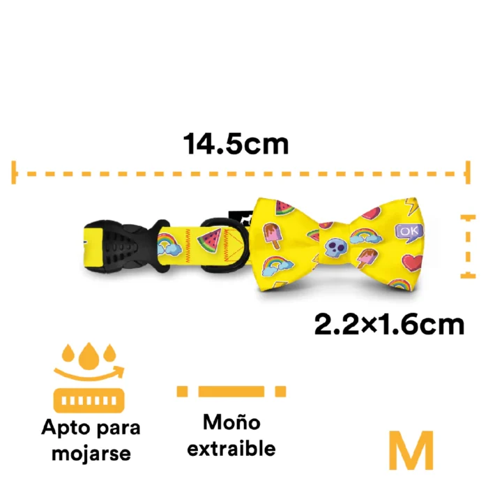 Collar Con Moño Para Perro Jack Pet Style Con Cintilla Reforzada, Costuras De Refuerzo  En Forma De Zigzag Y Herraje De Acero Reforzado Con Punto De Soldadura. Color Amarillo. - Chico