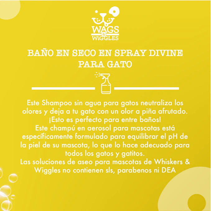 Shampoo en spray sin agua Wags & Wiggles para gatos, refresca y elimina olores. Aroma a Pi?a. 355 mL
