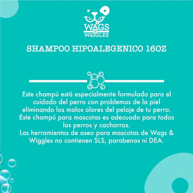 Shampoo Hipoalergenico Wags & Wiggles para perro, eliminando los malos olores. 473 mL