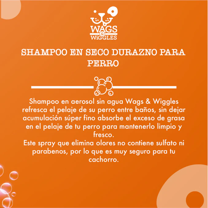 Shampoo en spray sin agua Wags & Wiggles para perros, refresca y elimina olores.  Aroma a melocoton. 198 g