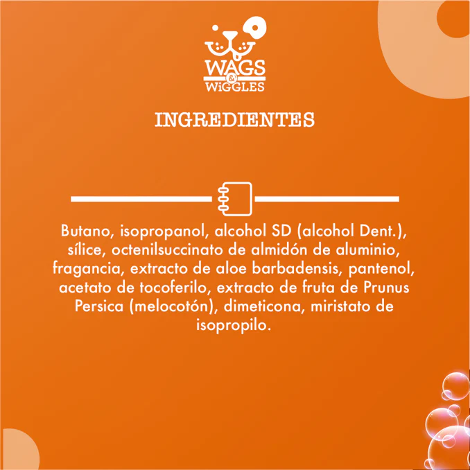 Shampoo en spray sin agua Wags & Wiggles para perros, refresca y elimina olores.  Aroma a melocoton. 198 g