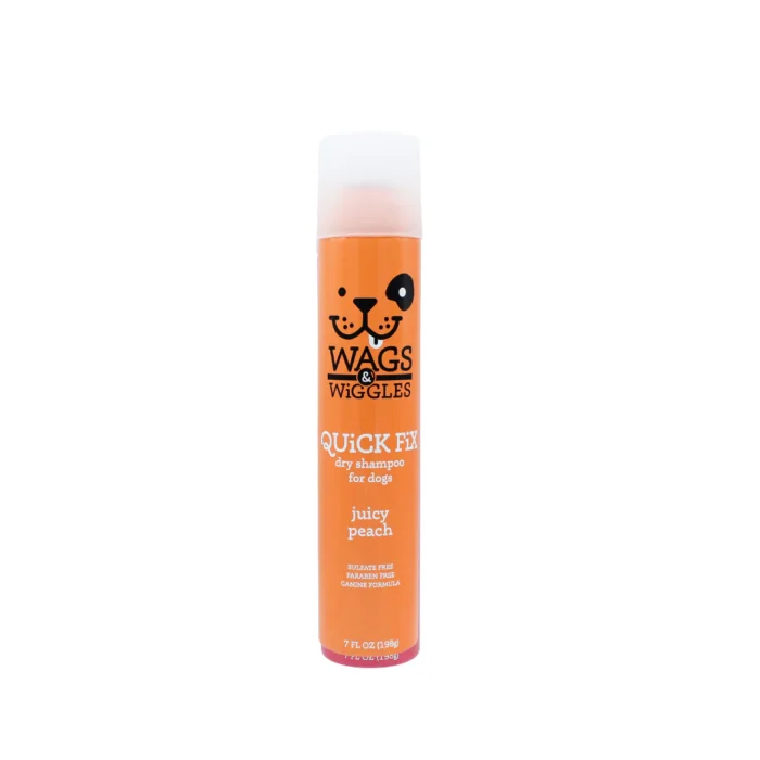 Shampoo en spray sin agua Wags & Wiggles para perros, refresca y elimina olores.  Aroma a melocoton. 198 g