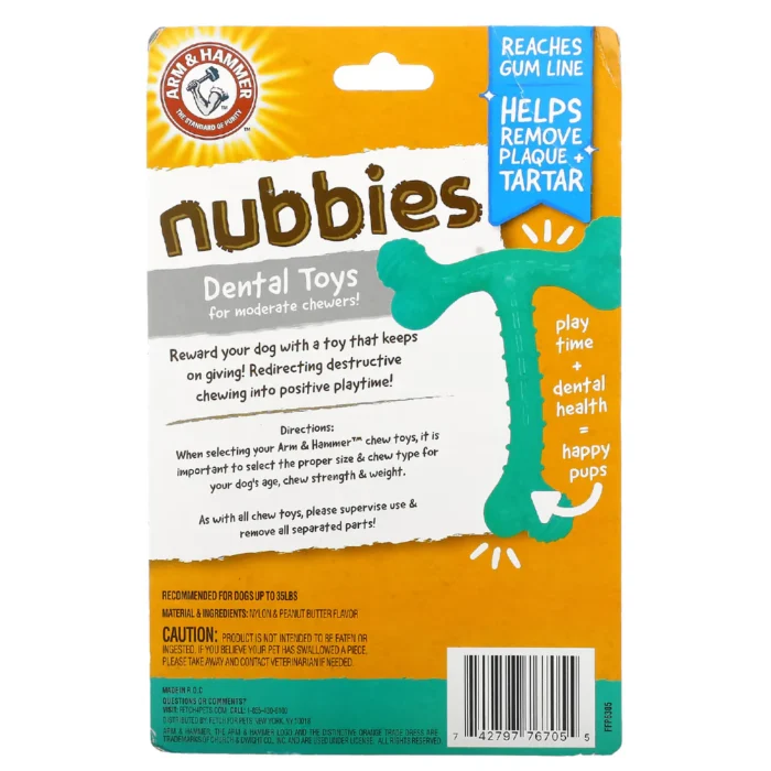 Arm & Hammer Juguete para Perro en forma de T-Bone, Limpia dientes, Sabor Mantequilla de Maní. 1pz